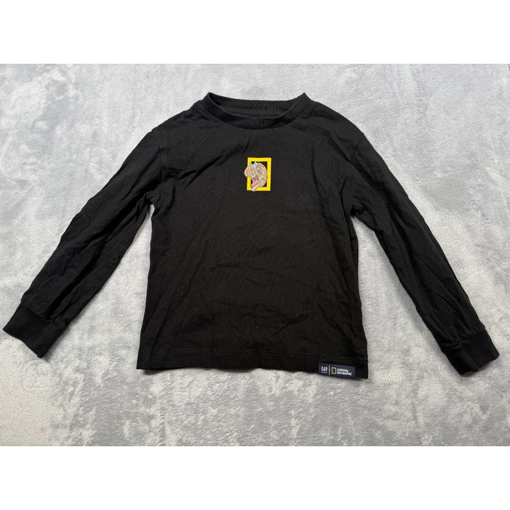 Gap National Geographic Dinosaur T-Shirt Kids XS Black Graphic Print Long Sleeve